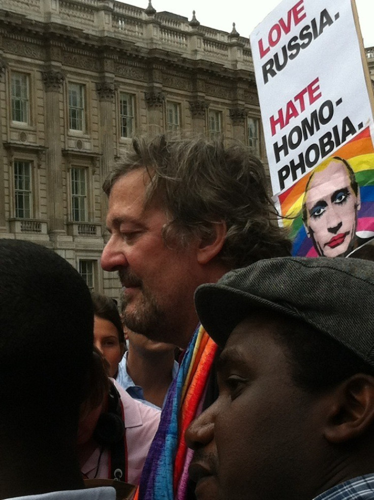 Stephen Fry attended the London protest and called for athletes at the 014 Sochi Winter Olympics to protest against homophobia. (Angela Clerkin)