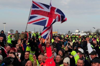 The row over the rise of foreign workers in Britain has rumbled for years. Pictured in 2009, workers protested over the use of foreign workers outside the Total Lindsey refinery in northern England (Photo: Reuters)