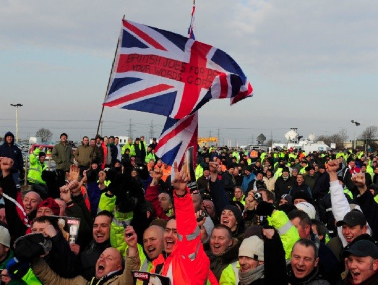 The row over the rise of foreign workers in Britain has rumbled for years. Pictured in 2009, workers protested over the use of foreign workers outside the Total Lindsey refinery in northern England (Photo: Reuters)