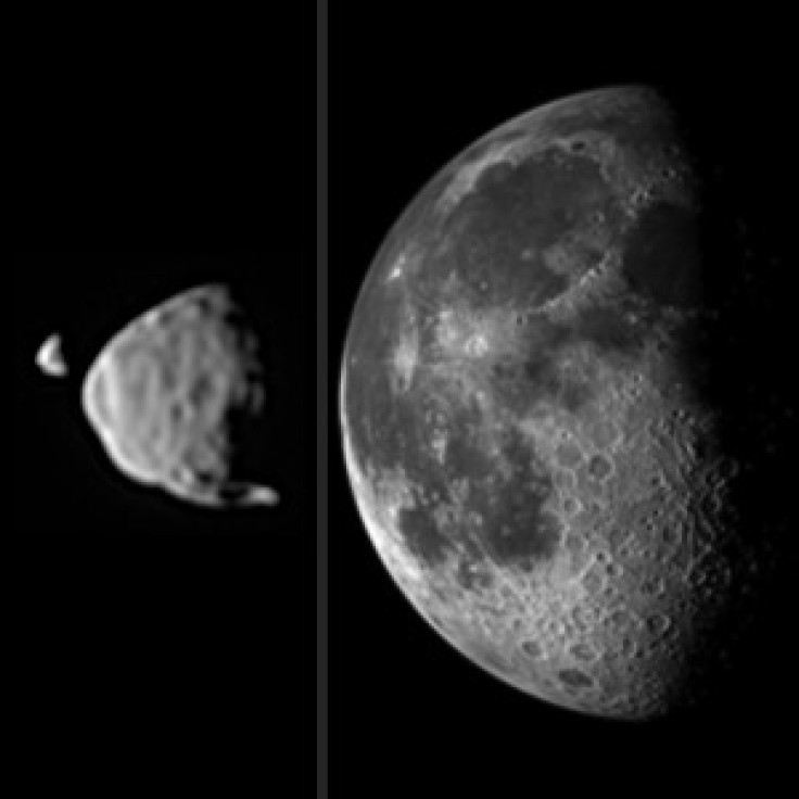 This illustration provides a comparison for how big the moons of Mars appear to be, as seen from the surface of Mars, in relation to the size that Earth's moon appears to be when seen from the surface of Earth. (Image Credit: NASA/JPL-Caltech/Malin Space