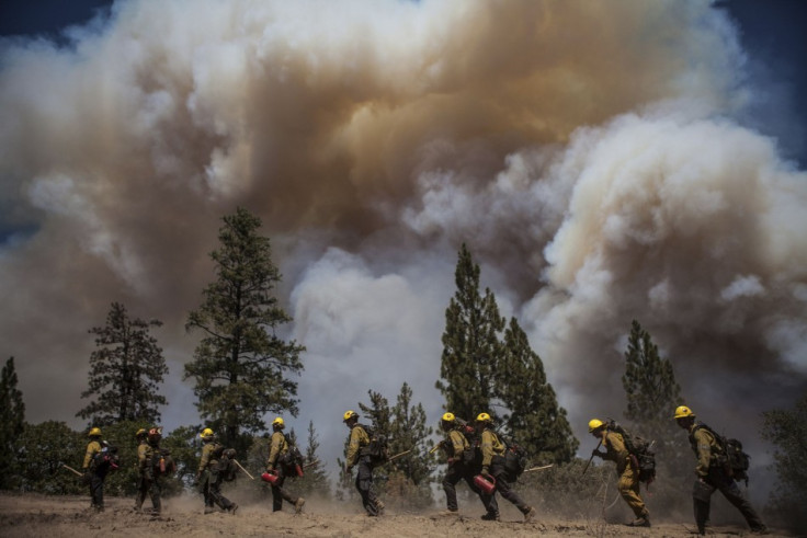 Los Angeles County firefighters hike in on a fire line on the Rim Fire near Groveland, California, August 22, 2013. The wildfire raging out of control near Yosemite National Park in northern California ballooned to nearly 54,000 acres on Thursday, more th