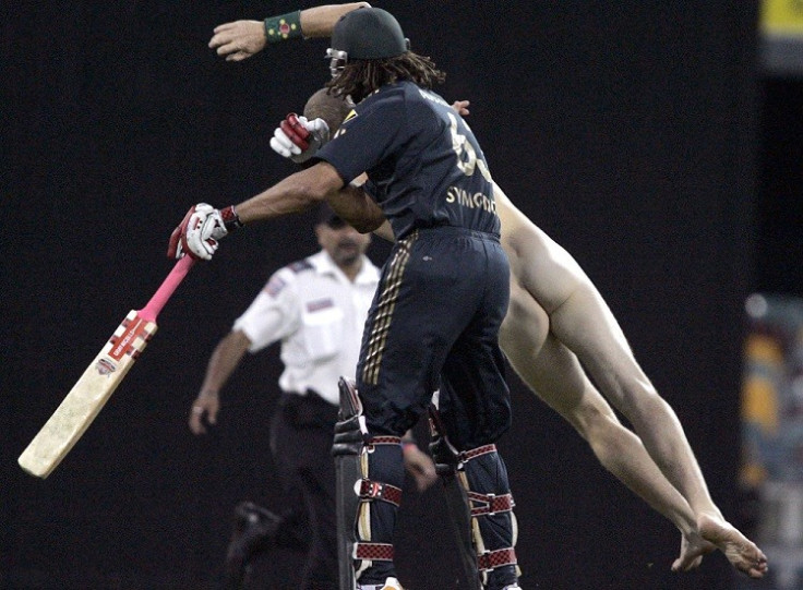 Andrew Symonds tackles streaker at the Gabba ground in 2008 PIC: Reuters