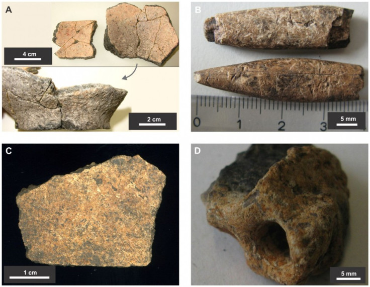 Material retrieved from the middens include fragmented pottery (A) bone tools (B) fragment of human skull (C) and burnt earth (D). (Photo: PLoS ONE)