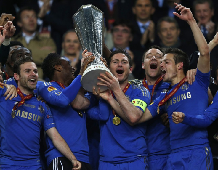 Chelsea lifting Europa League trophy.
