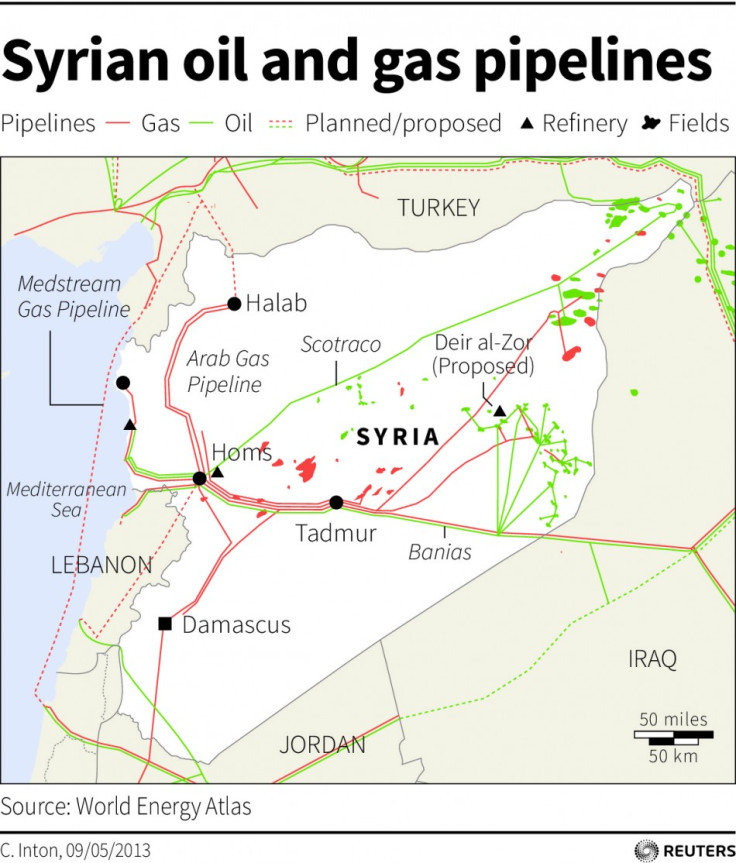Map of Syria locating the oil and gas facilities in the country