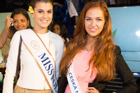 Miss Poland 2013, Katarzyna Krzeszowska, and Miss Ceska after receiving welcome flower in Bali, Indonesia, on 3 September, 2013. The month-long Miss World 2013 pageant has begun in Indonesia. (Photo: Miss World Indonesia 2013)