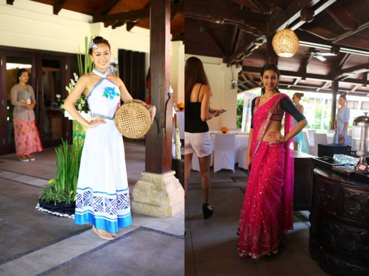 Miss Hong Kong China (L) and Miss India, Navneet Kaur Dhillon, pose in traditional outfits. (Photo: Miss World/Facebook)