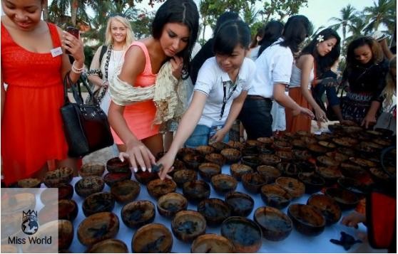Contestants examining baby turtles before they are released into the wild.