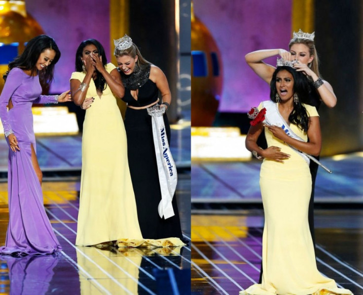 Nina Davuluri reacts with runner-up Miss California Crystal Lee (L) as she is chosen as winner of the 2014 Miss America Pageant. She is crowned by Mallory Hagan, Miss America 2013. (REUTERS/Lucas Jackson)