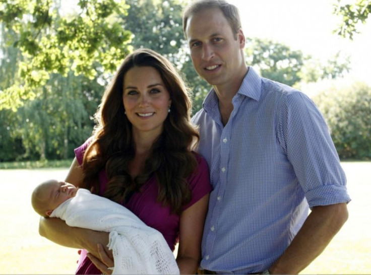Prince William, Kate Middleton and royal baby Prince George in their first official family photograph. New report suggests that William and Kate have applied for George's passport, their first step towards a family trip abroad next year. (Photo: Clarence