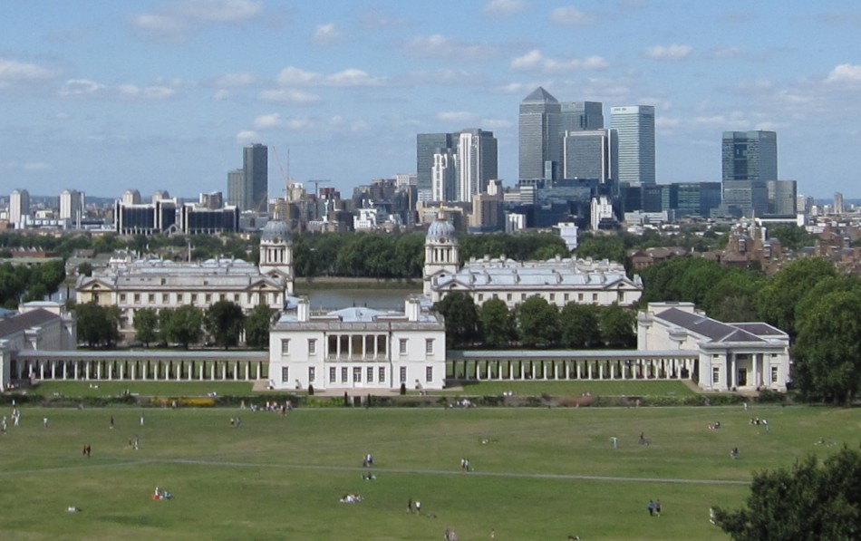 Greenwich, the Royal Hospital with Canary Wharf in the distance