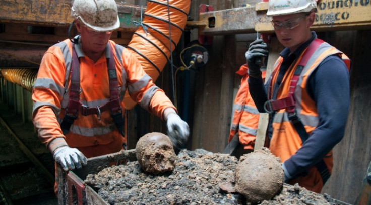 Archaeologists show the skulls found at Liverpool. (Photo: ©Crossrail Ltd 2013)
