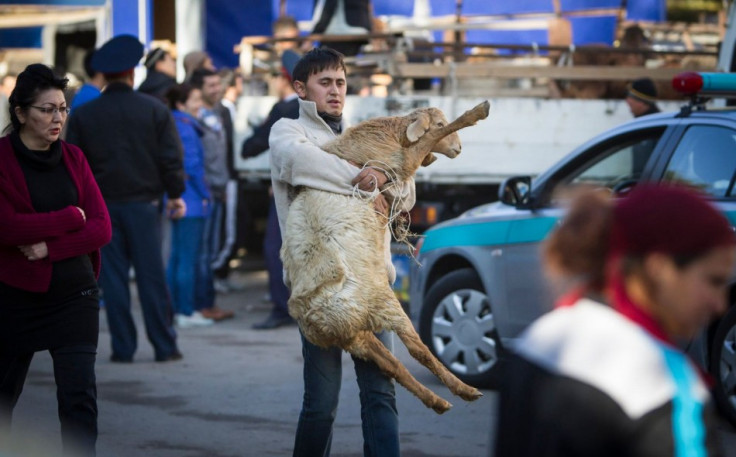 Man carries sheep for slaughtering after a prayer at Kurban-Ait, also known as Eid al-Adha in Arabic, at a mosque in Almaty. (Photo: Reuters)