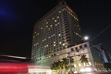 A general view of Traders Hotel in central Yangon, where an explosion occurred, early October 15