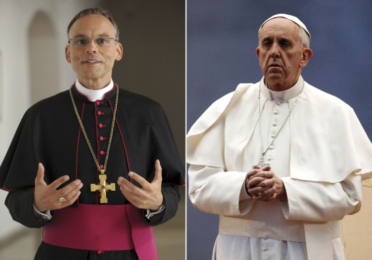 A combination photo shows Bishop Franz-Peter Tebartz-van Elst (L) standing in the cloister of the Episcopal Ordinariate in Limburg April 2012, and Pope Francis (R) praying during a ceremony to mark the end of May at St. Peter's square in the Vatican May 3