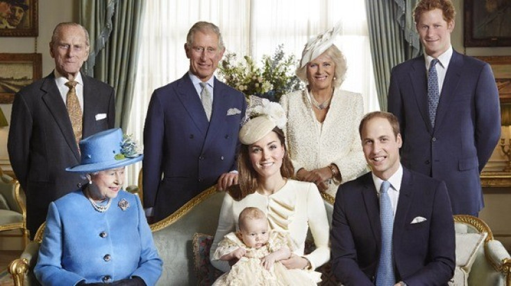 Prince George with his mother and father, the Duke and Duchess of Cambridge and with senior members of the Royal family. George wore a hand-made replica of the Royal Christening Robe (Credit: Jason Bell/CAMERA PRESS)