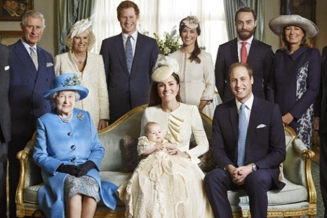 Kate Middleton, Prince William and their first born Prince George pose with the royal family members and the Middletons pose for the official portrait. (Credit: Jason Bell/Camera Press)