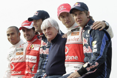 McLaren F1 driver Lewis Hamilton of Britain, Ferrari F1 driver Fernando Alonso of Spain, Red Bull F1 driver Mark Webber of Australia, F1 commercial supremo Bernie Ecclestone, McLaren F1 driver Jenson Button of Britain and Red Bull F1 driver Sebastian Vett
