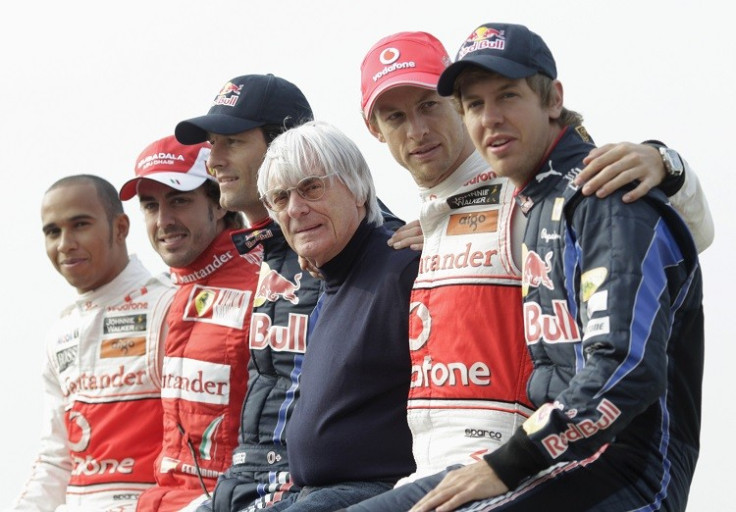 McLaren F1 driver Lewis Hamilton of Britain, Ferrari F1 driver Fernando Alonso of Spain, Red Bull F1 driver Mark Webber of Australia, F1 commercial supremo Bernie Ecclestone, McLaren F1 driver Jenson Button of Britain and Red Bull F1 driver Sebastian Vett