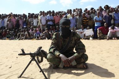 Al Shabaab fighter at a demonstration to annmounce the group merging with al-Quaida last year in Moghadishu, Somalia.