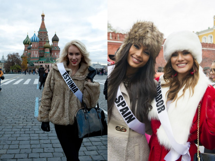 Kristina Karjalainen, Miss Universe Estonia 2013 (Left), at Red Square; Patricia Yurena Rodriguez, Miss Universe Spain 2013; and Constanza Baez, Miss Universe Ecuador 2013 pose n their new hats while at the Kremlin (Photo: Miss Universe Organization L.P.,