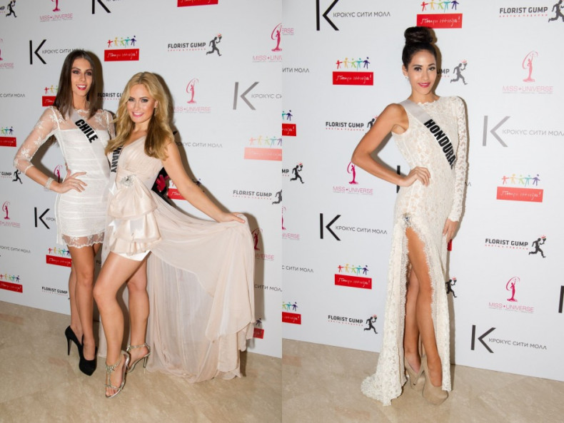 Miss Universe contestants look elegant in winter white lace dress and peach gown. (Photo: MIss Universe Organization L.P., LLLP)