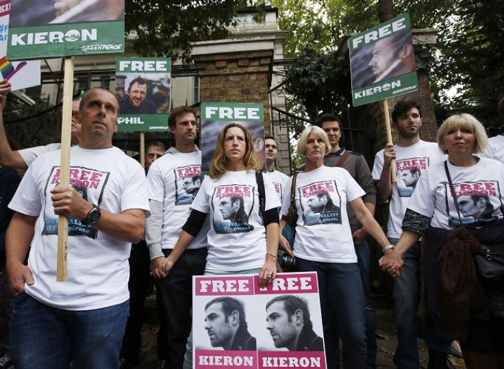 Kieron Bryan's supporters protest outside the Russian embassy in London