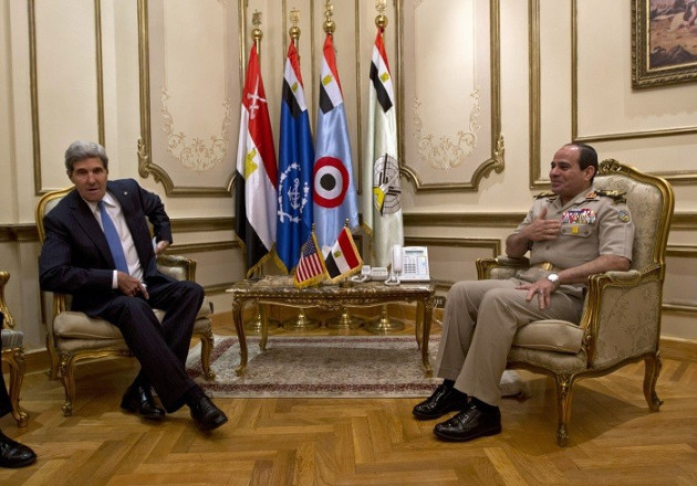 US Secretary of State John Kerry meets Egypt’s defence minister General Abdel Fattah el-Sisi on the first day of a Middle East tour. US Secretary of State John Kerry meets Egypt’s defence minister General Abdel Fattah el-Sisi on the first day of a Middle East tour.