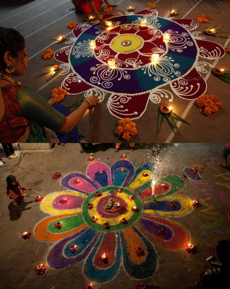 A Diwali of dissolving the borders: Hindu women arrange oil lamps and flowers around a Rangoli in Ahmedabad, India (Top), and a rangoli during Diwali celebrations in Karachi, Pakistan. (Photo: Reuters)