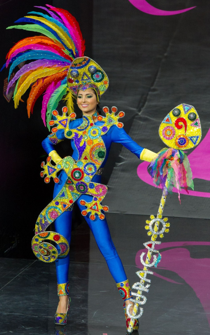 Eline de Pool, Miss Universe Curacao 2013, models in her feathered National Costume. (Photo: MIss Universe Organization L.P., LLLP)