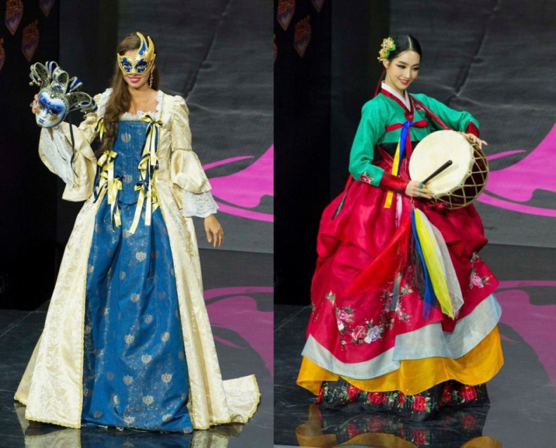 Luna Voce, Miss Italy 2013 (L) and Yumi Kim, Miss Korea 2013, model in the national costume contest. (Photo: Reuters)