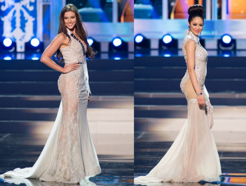 Olivia Wells, Miss Universe Australia 2013 (L) and Riza Santos, Miss Universe Canada, flaunt their curvaceous gowns. (Photo: Miss Universe L.P., LLLP)