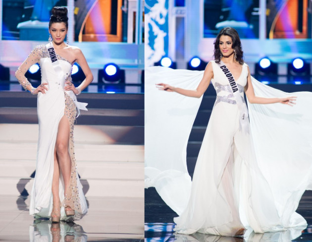 Vision in white: Miss Universe China and Colombia. (Photo: Miss Universe L.P., LLLP) Vision in white: Miss Universe China and Colombia. (Photo: Miss Universe L.P., LLLP)