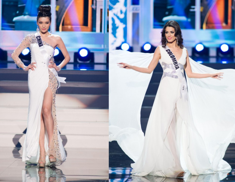 Vision in white: Miss Universe China and Colombia. (Photo: Miss Universe L.P., LLLP)