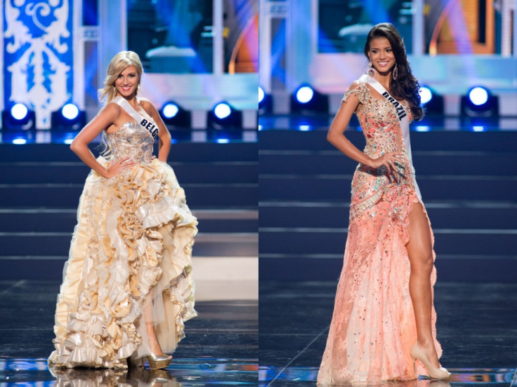 Misses Universe Belgium and Brazil show off their evening gowns. (Photo: Miss Universe L.P., LLLP)