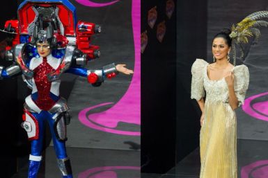 Miss USA Erin Brady in Transformers inspired outfit, while Miss Philippines Ariella Arida shows off traditional terno dress. (Photo: Miss Universe)
