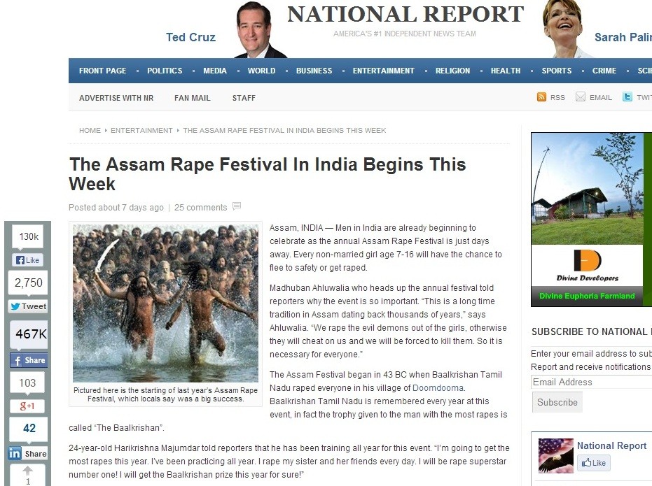 A screenshot of the spoof article on a ‘Rape Festival’ in Assam on nationalreport.net