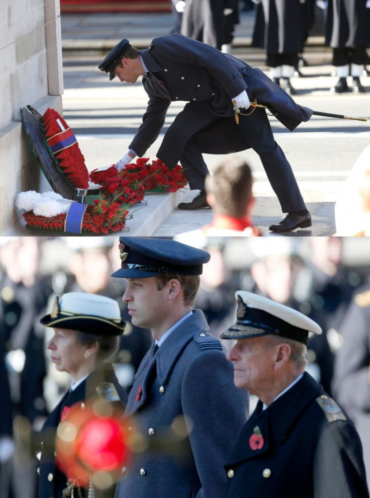 Prince William lays a wreath (Top) and is joined by Princess Anne and Prince Philip at the annual Remembrance Sunday ceremony at the Cenotaph. (Photo: REUTERS/Suzanne Plunkett)
