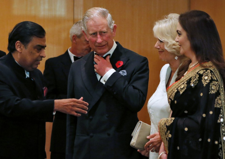 Mukesh Ambani (L), Chairman and Managing Director of Reliance Industries, along with Britain's Prince Charles and his wife Camilla and Nita Ambani (R), Chairperson of Reliance Foundation and wife of Mukesh Ambani