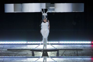 Lady Gaga unveiled her flying dress in a warehouse at the Brooklyn Navy Yard, New York. (Reuters)