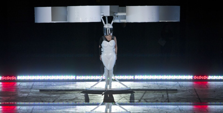Lady Gaga unveiled her flying dress in a warehouse at the Brooklyn Navy Yard, New York. (Reuters)