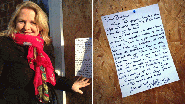 Kate Barrett with her sarcastic note to thieves who raided her Northampton home