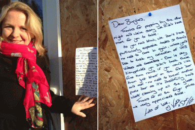 Kate Barrett with her sarcastic note to thieves who raided her Northampton home