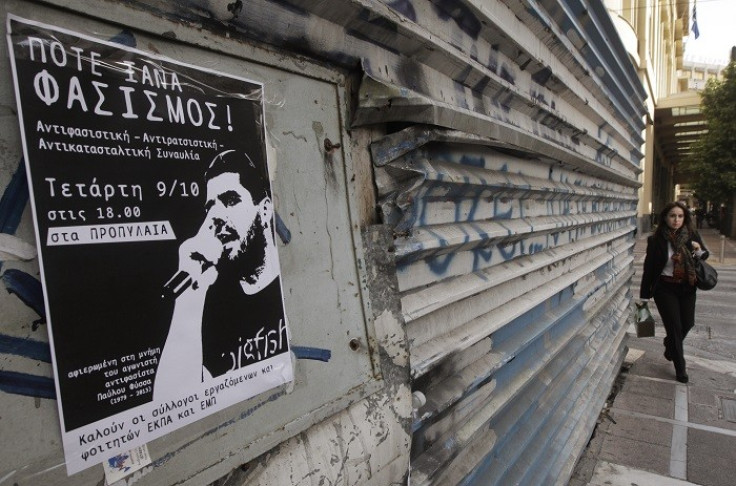 A poster of Pavlos Fyssas, also known by the stage name Killah P, who was killed by a Golden Dawn supporter in September. (Reuters)