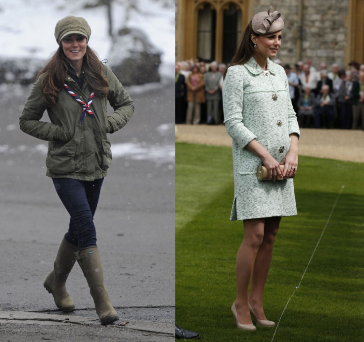 Kate Middleton visited a Scout Camp in northern England in March (L) and attended the National Review of Queen's Scouts at Windsor Castle in Berkshire in April when she was pregnant with Prince George. (Photo: REUTERS/Olivia Harris)