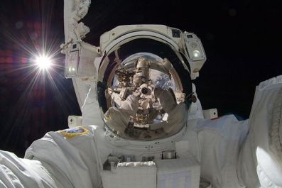 International Space Station astronaut Aki Hoshide, from Japan, takes a selfie on space walk (Nasa)
