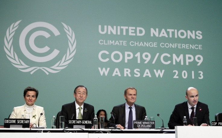 (L-R) Christiana Figueres, executive secretary of the UN Framework Convention on Climate Change (COP), UN Secretary General Ban Ki-moon and Polish Prime Minister Donald Tusk listen to Polish Environment Minister Marcin Korolec during the COP19 conference