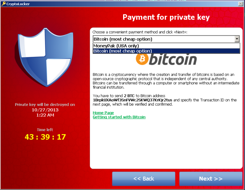 CryptoLocker Ransomware Trojan Bitcoin Payment Page