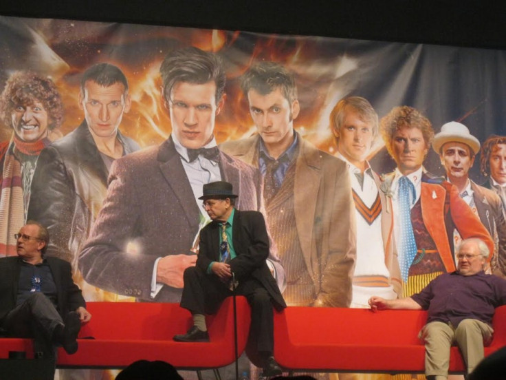 (L-R) Peter Davison, Sylvester McCoy, Colin Baker speak to an audience of thousands for the Doctor Who 50th Anniversary celebration (Photo: Lianna Brinded, IBTimes UK)