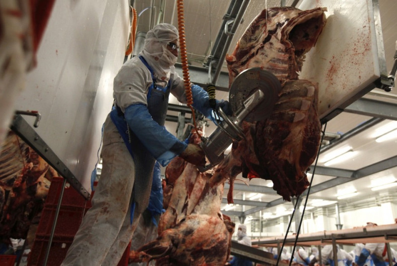 A slaughterer cuts beef carcasses into pieces in the Biernacki Meat Plant slaughterhouse in Golina near Jarocin, western Poland